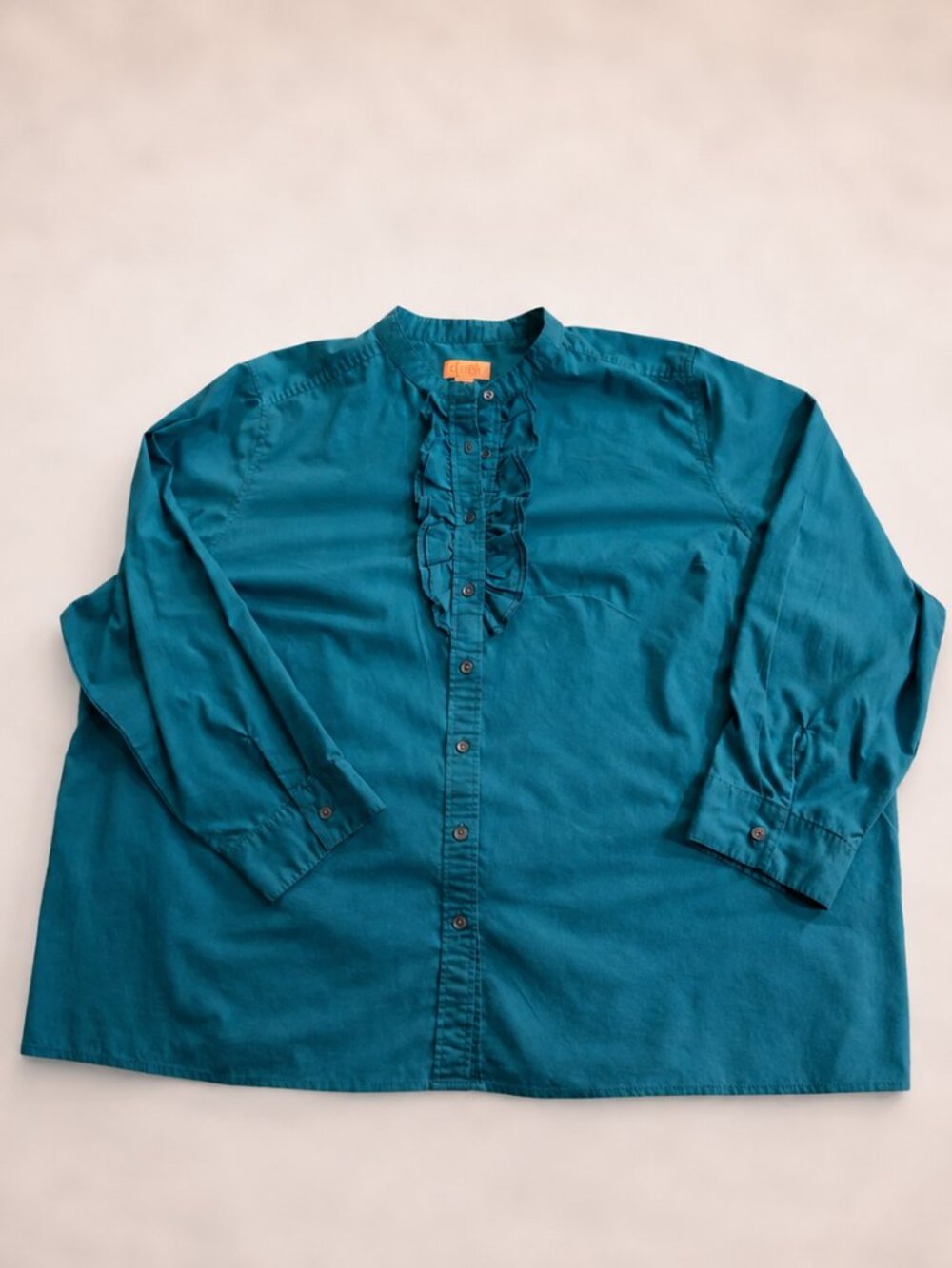 Denim & Co Blouse Women’s 3X Teal Ruffle Button Front Plus Size Career Top EUC